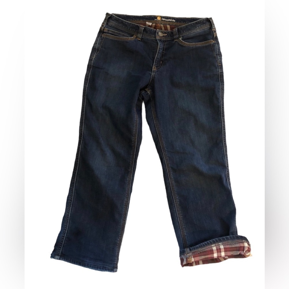Carhartt Relaxed Plaid Flannel Lined Jeans Sz. 8S Short Cotton Blend Stretch